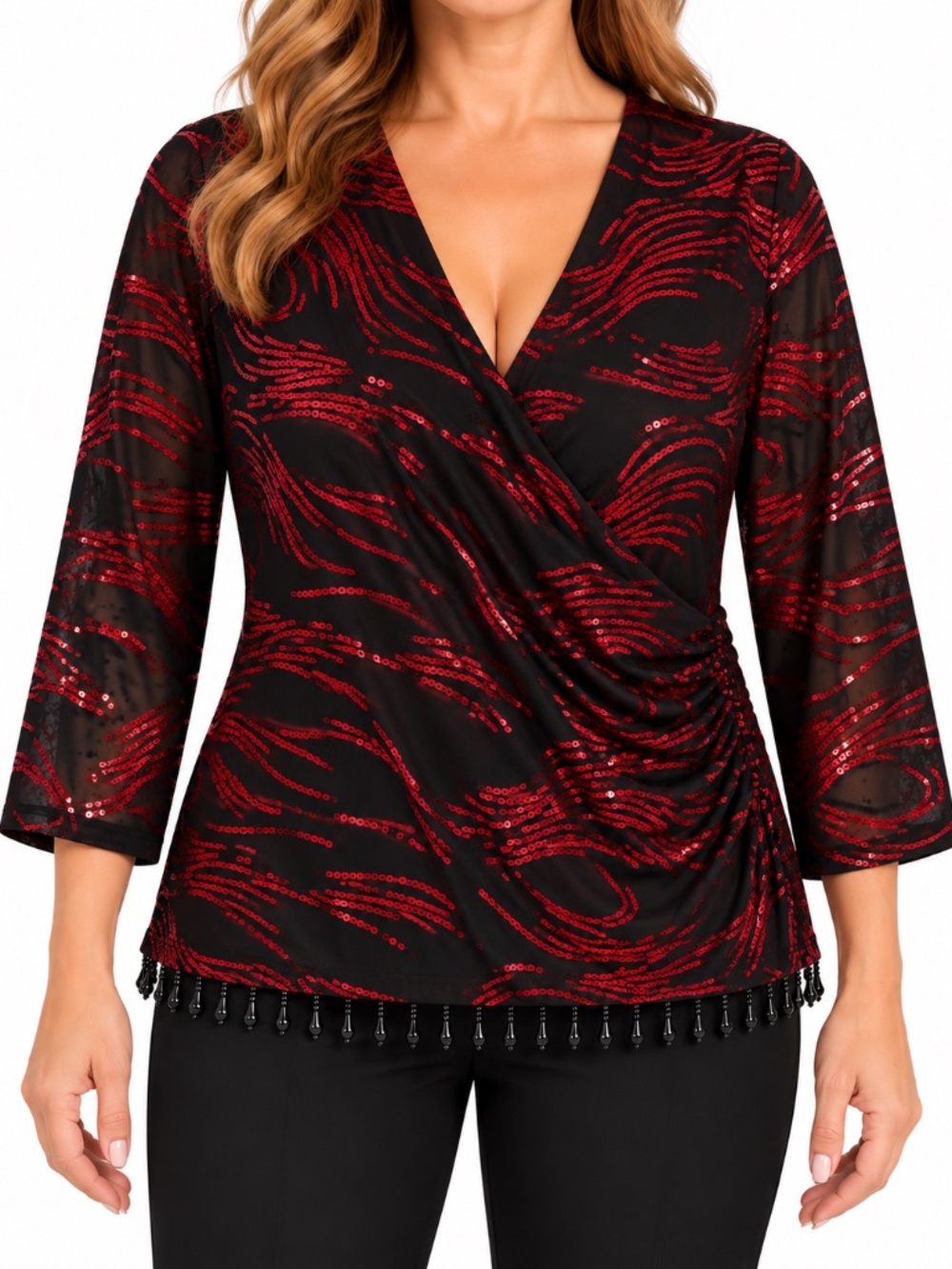 MSK XL Black & Red Sequin Faux Wrap Blouse w/ Beaded Fringe